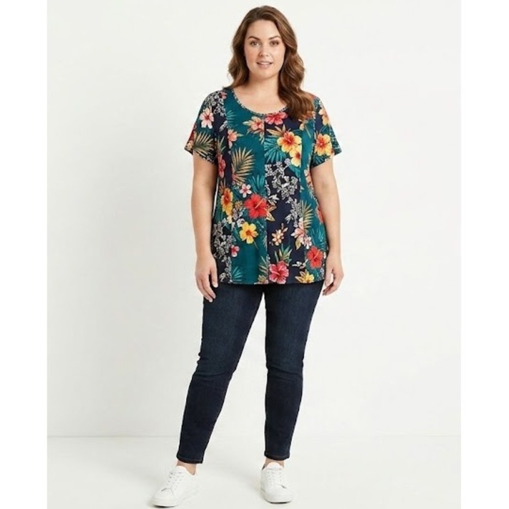New Peck & Peck‎ size XL Colorful Floral Short Sleeve Relaxed Stretch Knit Top